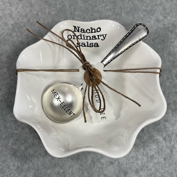 Mud Pie Nacho Ordinary Salsa Dish Embossed Spoon Set Serve‎ Ware White Ceramic - Picture 2 of 9